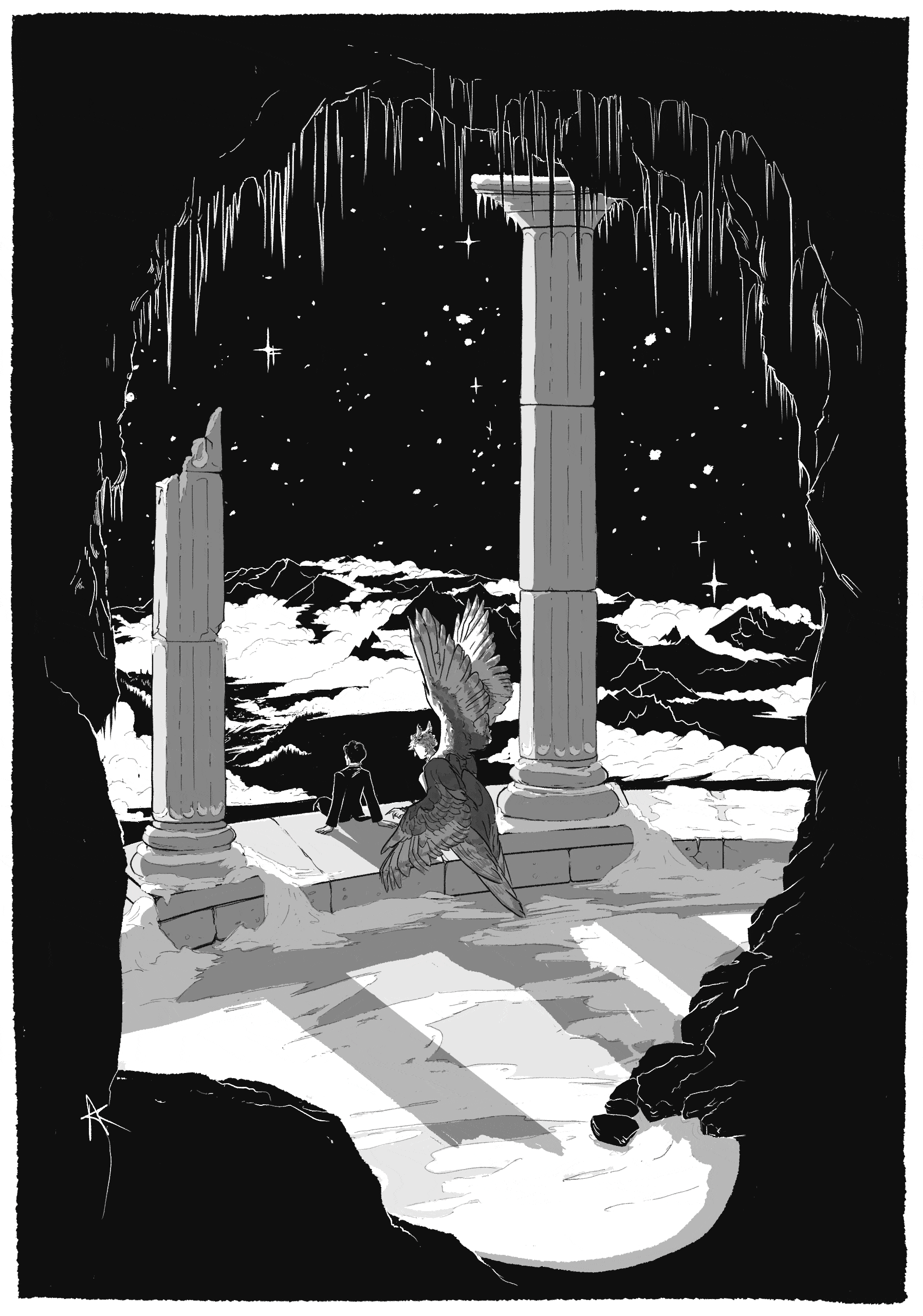 An animated gif of Nyarlathotep and Lilith at Kadath. Lilith and Nyarlathotep sit at the edge of a clearing, overlooking the Dreamlands with a starry sky and cloud-topped mountains in the background. Columns and a cave-like surface frames them. The picture is in black and white, until a red slash animates, which then explodes and takes over the entire image.