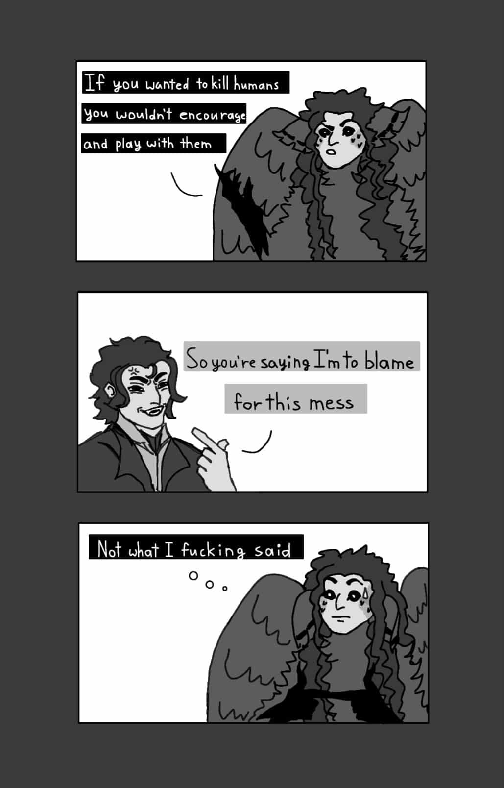 A black and white comic with three panels. The first panel has Lilith saying 
