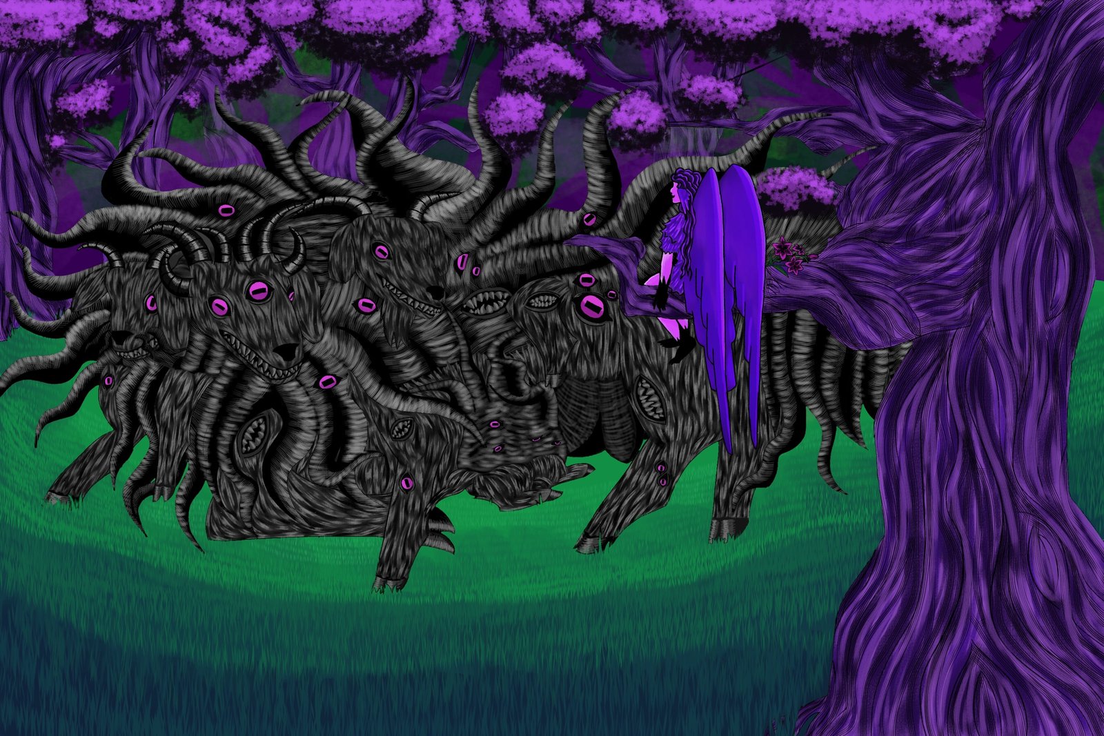 A digital painting of Shub-Niggurath and Lilith, in the Woods. Shub-Niggurath is a large dark grey goatlike monstrosity with multiple eyes, mouths, tentacles, and legs. Lilith sits on a tree branch in the foreground, her wings folded behind her, smiling at Shub. The painting is done in dreamy purples for the trees, with Shub's eyes and Lilith's body edging toward pinks, and greenish grass covering the ground.