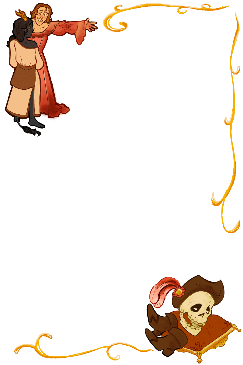 A gorgeous piece clearly designed to decorate text on the printed page. In the upper left are Arthur (in his dress, of course) and John, both of them with flirty body language. Golden decoration leads the eye right to a corner of curlicue design, leading down. In the lower right is Yorick, hat and boots still on, resting on a red pillow. Arthur is a white man with a mustache. John is dark skinned with horns and a tail. Art by Kitsuna.
