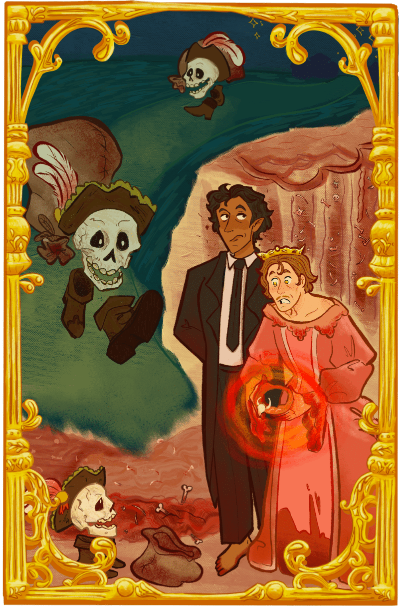 An illustration divided in half by the path Yorick takes. The upper left shows Yorick in boots and hat running along a curved path, showing his adventures. The lower right half shows a very irritated Kayne next to a pink-gowned Arthur as they face Yorick, who's brought treasure to the flesh court - which is shown in pink, slightly gory colors, though no actual gore. Kayne is dark skinned and has pointed ears. Arthur is white with a mustache, crown, and just the prettiest pink dress. Art by Kitsuna.