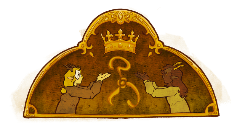 A heraldic badge as might be over Hastur's tomb: all in colors of gold, it has a crown, Yellow and John, and the Yellow Sign between them. Both Yellow and John are humanoid, with horns. Art by Kitsuna.